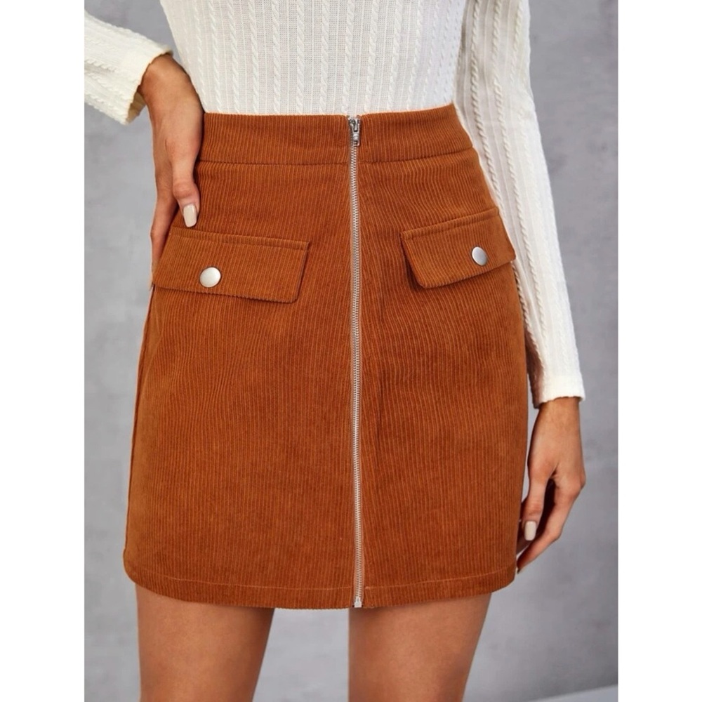 High Waist Flap Detail Corduroy Mini Skirt